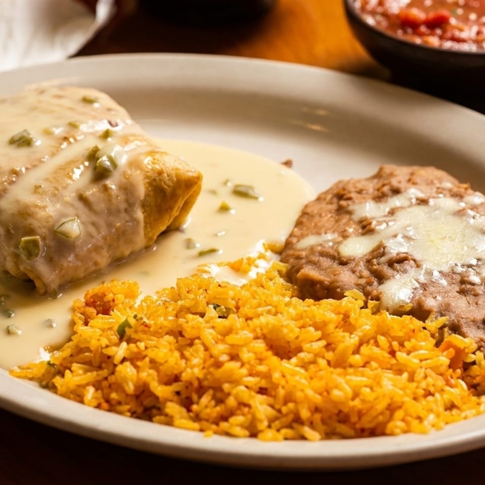A burrito covered in white sauce with rice and refried beans on a white plate.
