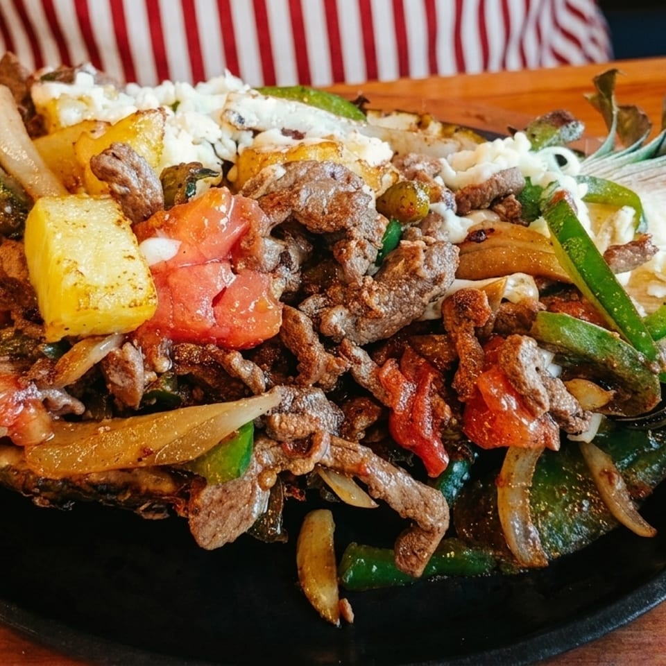 Sizzling fajitas with steak, peppers, onions, pineapple, and cheese served in a pineapple half.