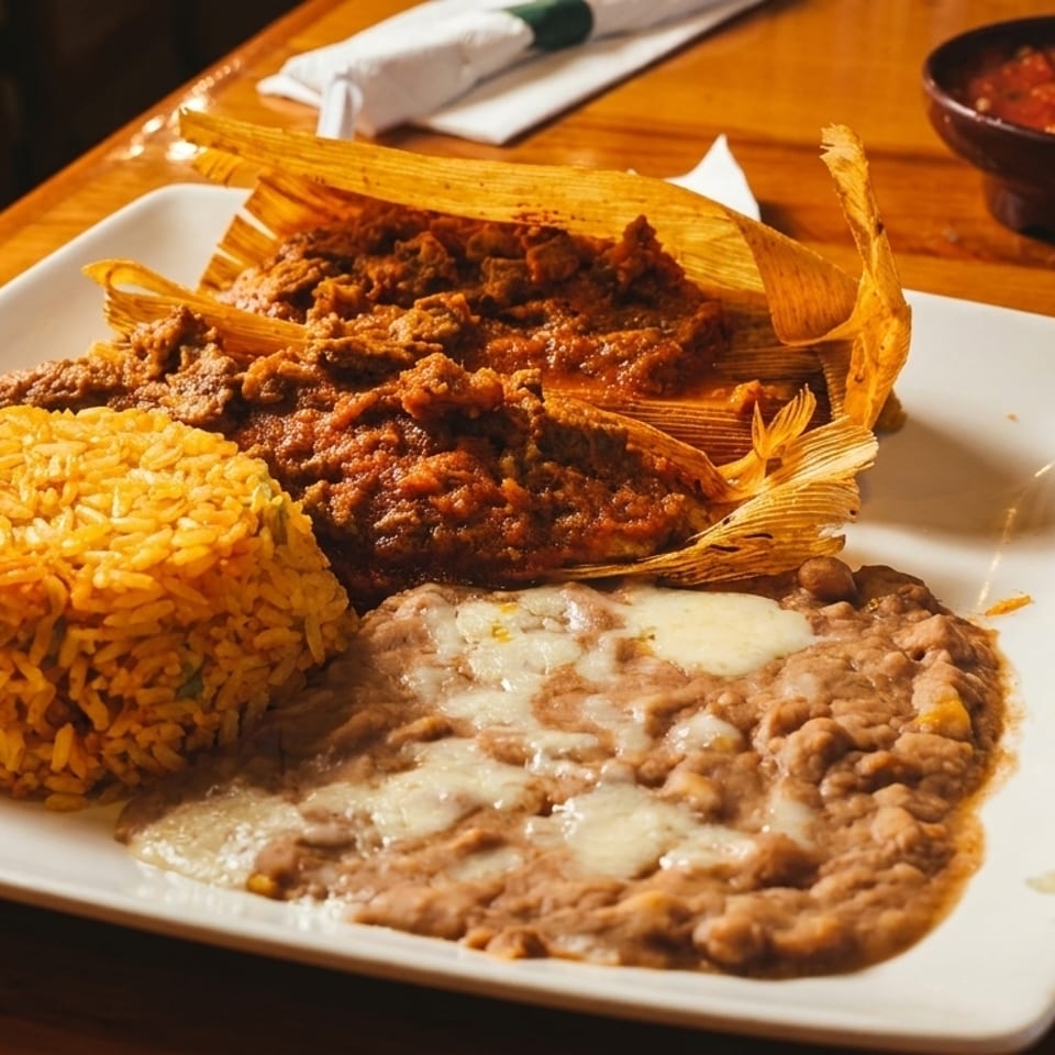 A plate of tamales, rice, and refried beans with melted cheese, alongside a side salad and salsa.